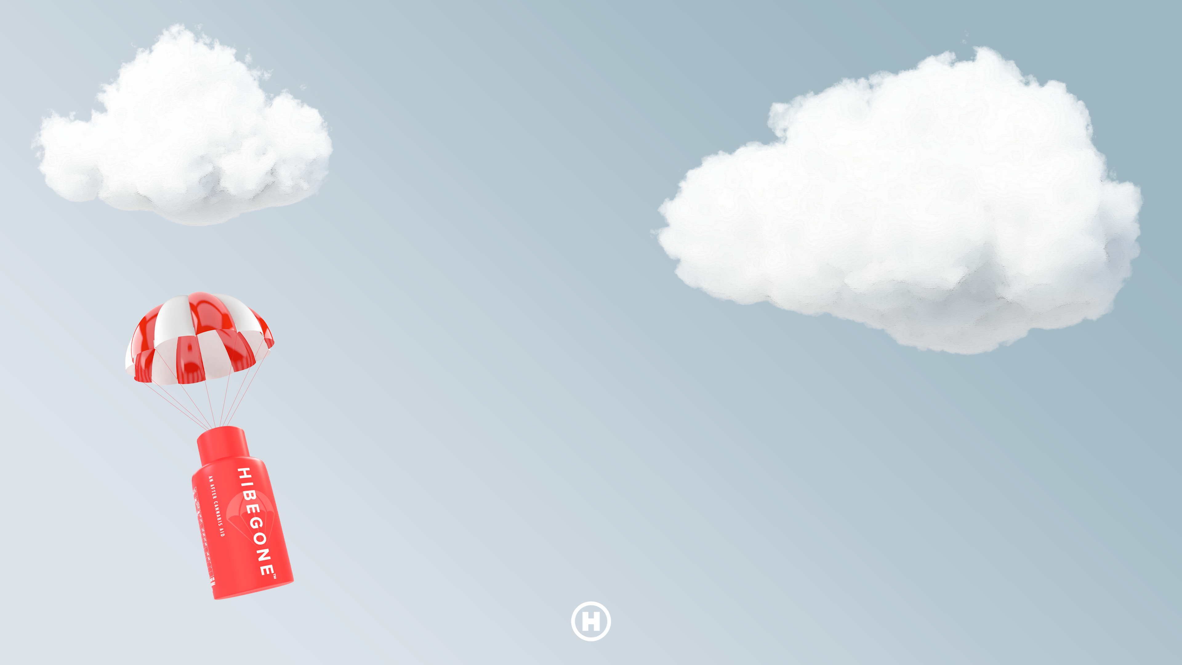 Website banner with the main background of a sky with clouds. A HIBEGONE branded bottle is floating down attached to a parachute.